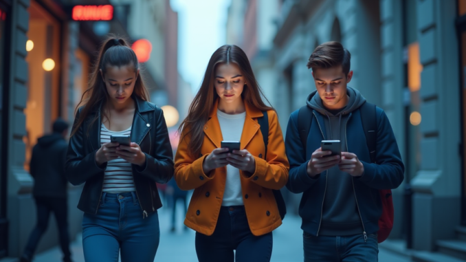 Teens Walking in the City While Using Smartphones