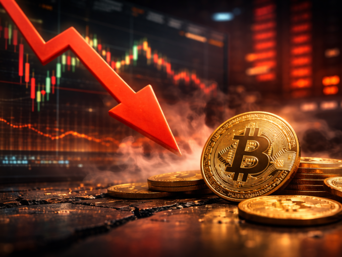 Bitcoin coins with a downward market trend visualised by a falling arrow and trading charts in the background.