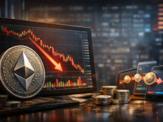 Ethereum coin displayed in front of a trading monitor showing a downward market trend, with crypto wallets and coins symbolising transfers during a price decline.